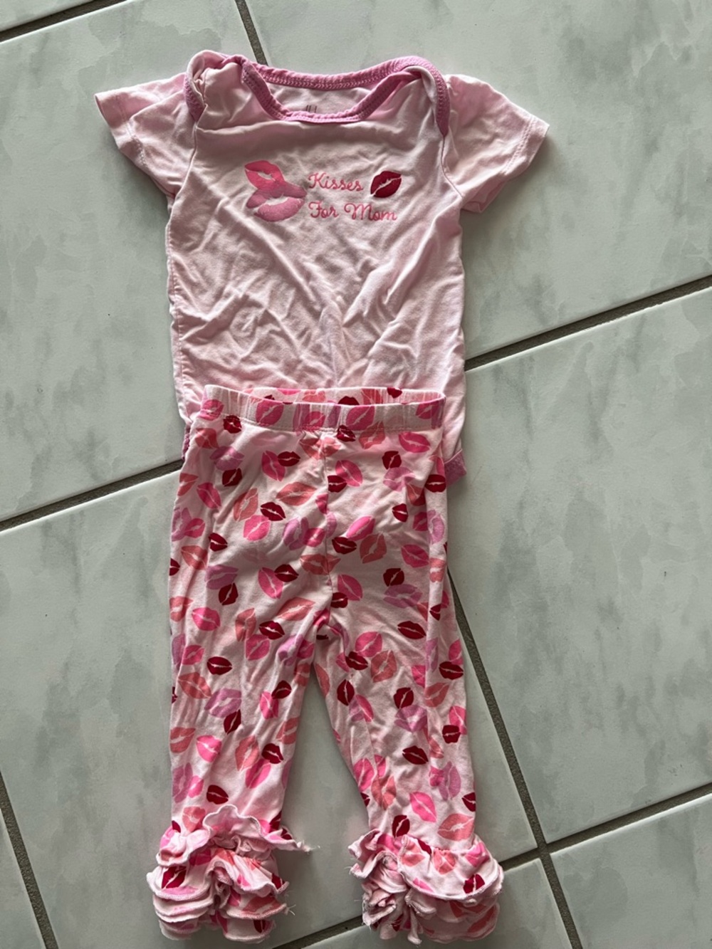 Milkberry Pink Lip-Print Pajama Set - Soft Short Sleeve onesie and Ruffle Pants